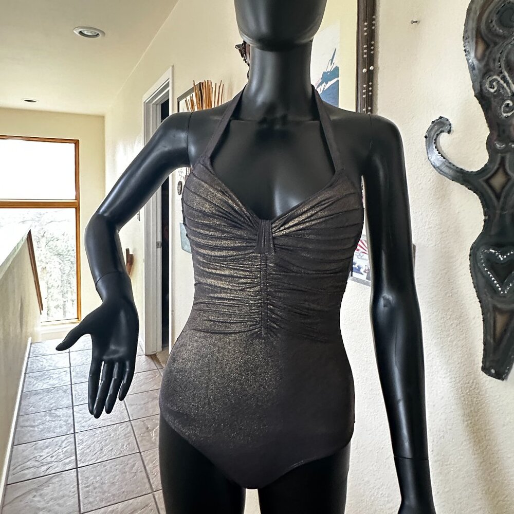 EUC Vintage Gold Lame Retro Pin-Up One-Piece Hatler Bathing Suit XS